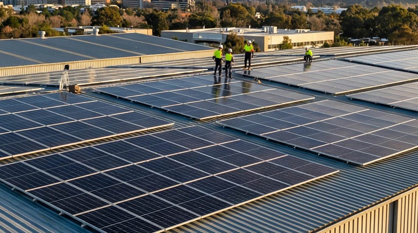 Solar panel installation by Meta Electrical & Solar — Canberra ACT and South Coast NSW Commercial solar panels installed on warehouse rooftop Canberra ACT