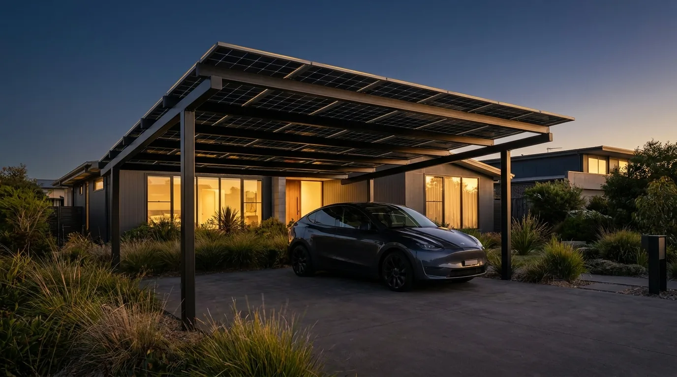 SolarPark Solar installer Canberra Solar EV charging canopy with an EV charging at dusk