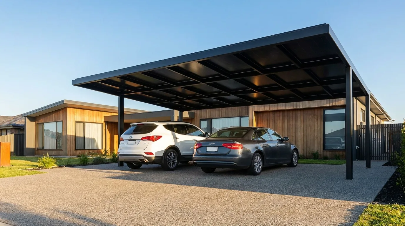 SolarPark Solar installer Canberra Residential solar carport over a modern home driveway